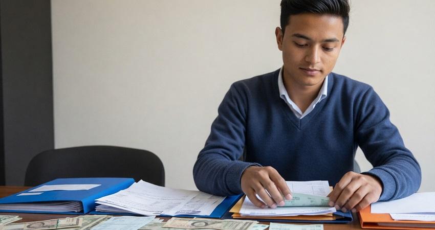 Student organising financial documents