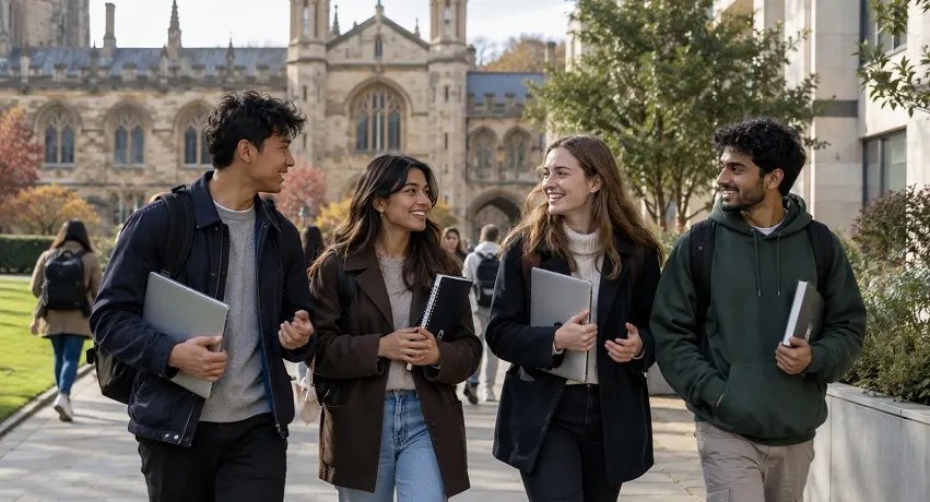 International students walking through a UK university campus